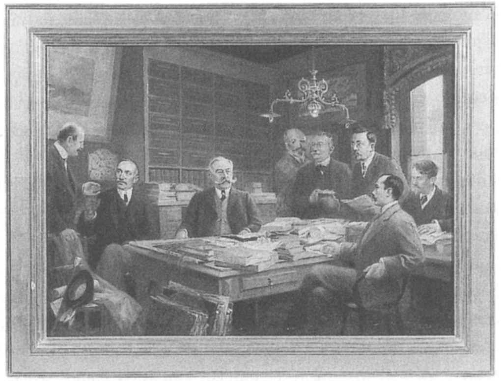 Gravure ancienne représentant des hommes autours d’une table couverte de livres.